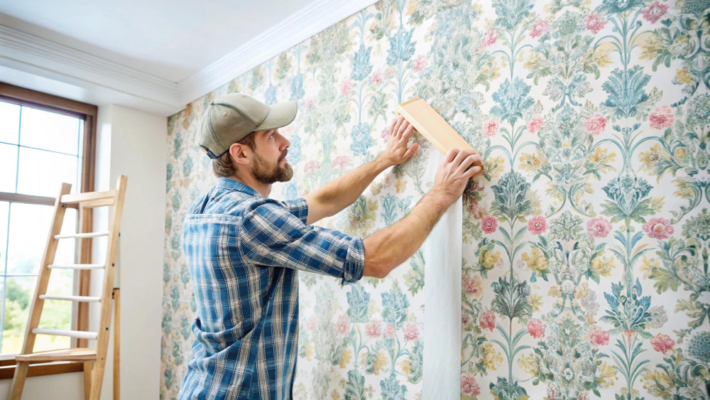 Professional wallpaper installer hanging floral wallpaper in Westlake Village CA