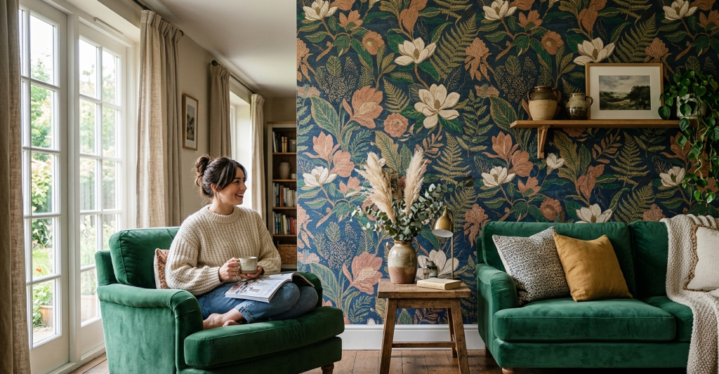 Bold patterned wallpaper transforming a living space